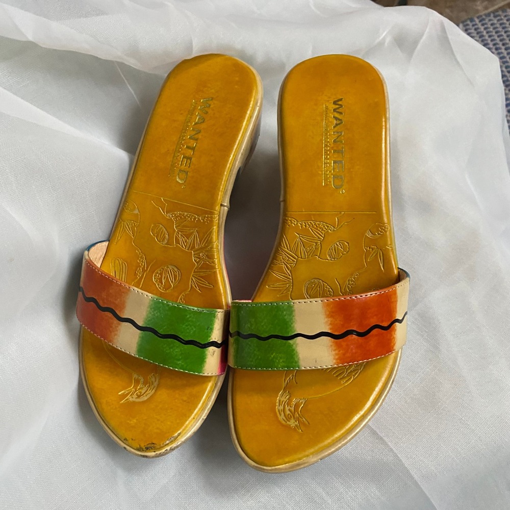 Y2K Wanted Bahama Yellow Colorblock Kitten Heel Slide Sandals 5 Artsy Resort 90s - Picture 3 of 7